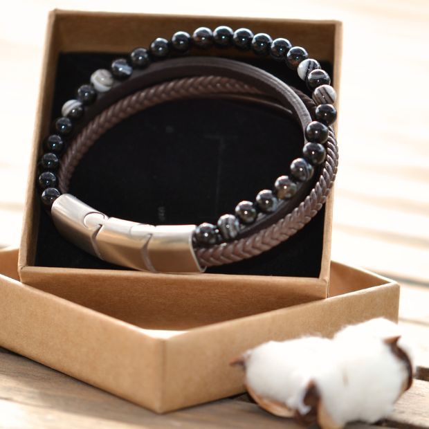 Bracelet multirangs homme cuir et pierres - Lo